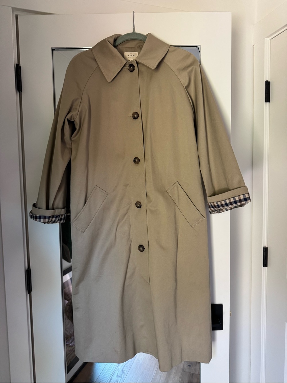 Sezane Beige Clyde Trench with Check Cuff Detail